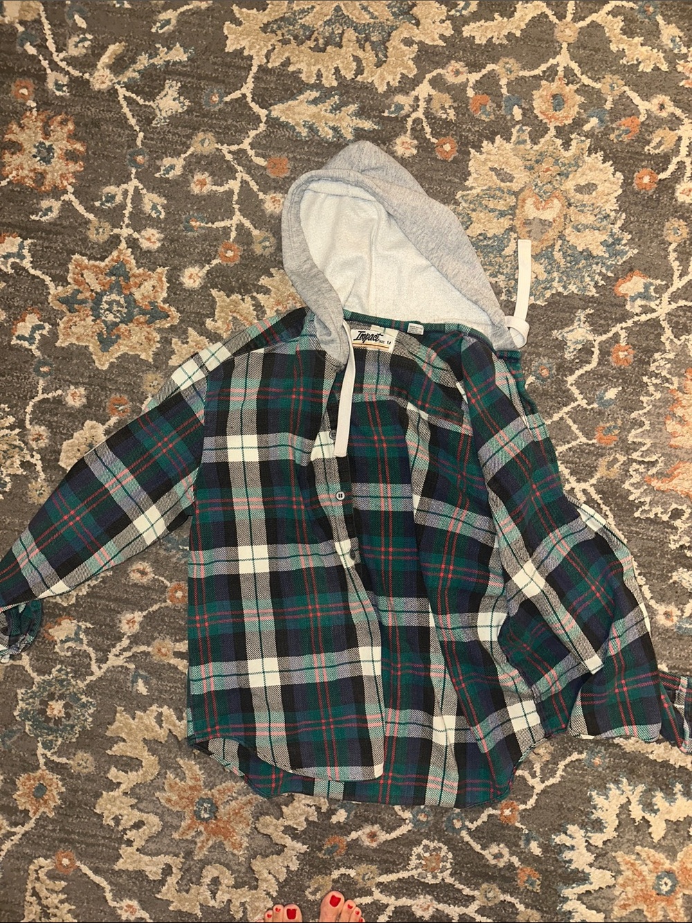 Men's VINTAGE Plaid Button-Down Hooded Shirt - Green/Gray